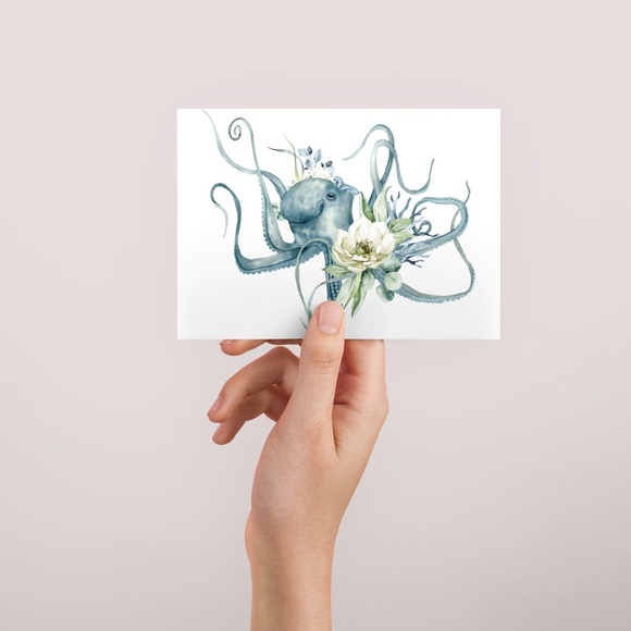 Watercolor Floral Octopus Wall Art Illustration Print Poster Card Unframed - Picture 4 of 7